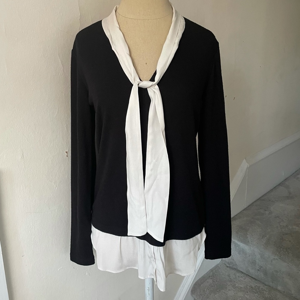 DREW Mixed Media Layered Silk Combo Tie Neck Black Sweater Size XS